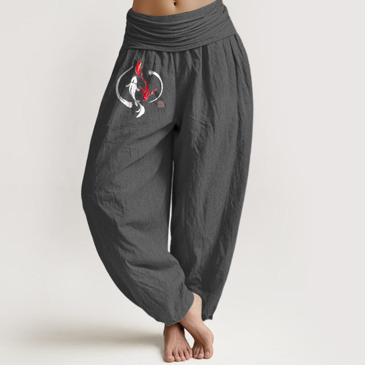Pantalon harem en pur coton à taille élastique pour femme , Buddha Stones, motif Yin Yang et carpes koï - Gris terne - US16，UK/AU20，EU48 (3XL) - image 11