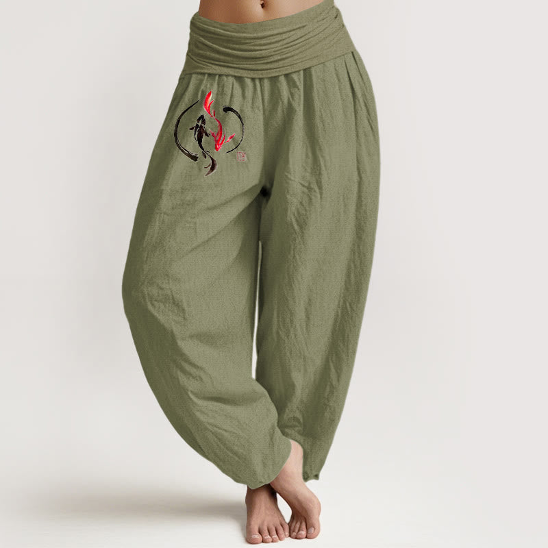 Pantalon harem en pur coton à taille élastique pour femme , Buddha Stones, motif Yin Yang et carpes koï - Vert olive - US16，UK/AU20，EU48 (3XL) - image 14