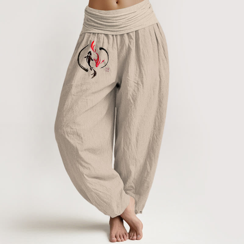 Pantalon harem en pur coton à taille élastique pour femme , Buddha Stones, motif Yin Yang et carpes koï - Tanné - US16，UK/AU20，EU48 (3XL) - image 0