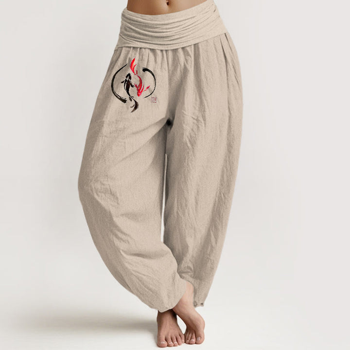 Pantalon harem en pur coton à taille élastique pour femme , Buddha Stones, motif Yin Yang et carpes koï - Tanné - US16，UK/AU20，EU48 (3XL) - image 0