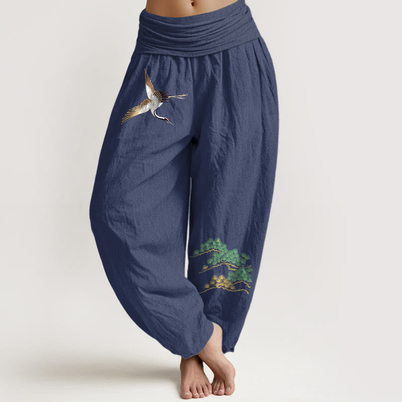 Pantalon harem taille élastique en pur coton pour femme Buddha Stones, motif grue et pin - Bleu ardoise foncé - US16，UK/AU20，EU48 (3XL) - image 0