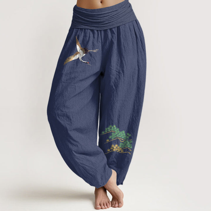 Pantalon harem taille élastique en pur coton pour femme Buddha Stones, motif grue et pin - Bleu ardoise foncé - US16，UK/AU20，EU48 (3XL) - image 0
