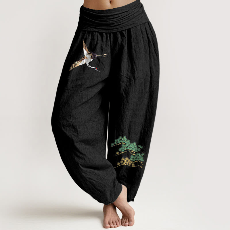 Pantalon harem taille élastique en pur coton pour femme Buddha Stones, motif grue et pin - Noir - US16，UK/AU20，EU48 (3XL) - image 5
