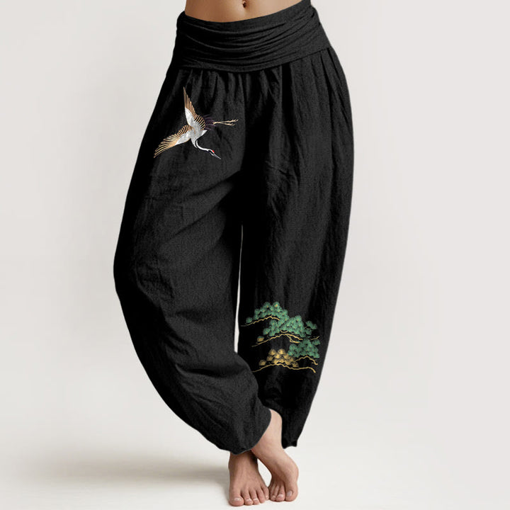Pantalon harem taille élastique en pur coton pour femme Buddha Stones, motif grue et pin - Noir - US16，UK/AU20，EU48 (3XL) - image 5