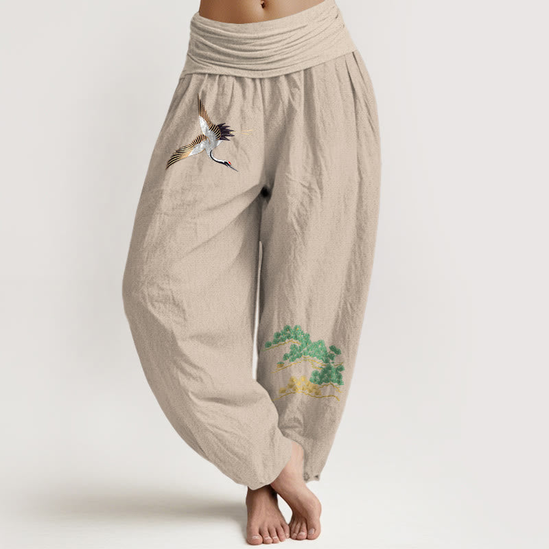 Pantalon harem taille élastique en pur coton pour femme Buddha Stones, motif grue et pin - Tanné - US16，UK/AU20，EU48 (3XL) - image 11
