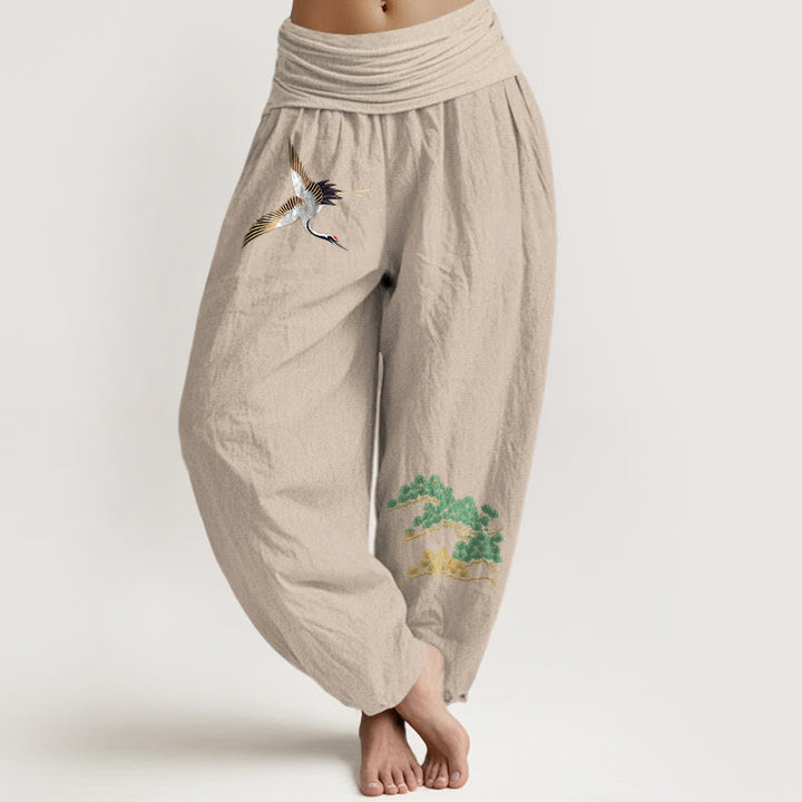 Pantalon harem taille élastique en pur coton pour femme Buddha Stones, motif grue et pin - Tanné - US16，UK/AU20，EU48 (3XL) - image 11