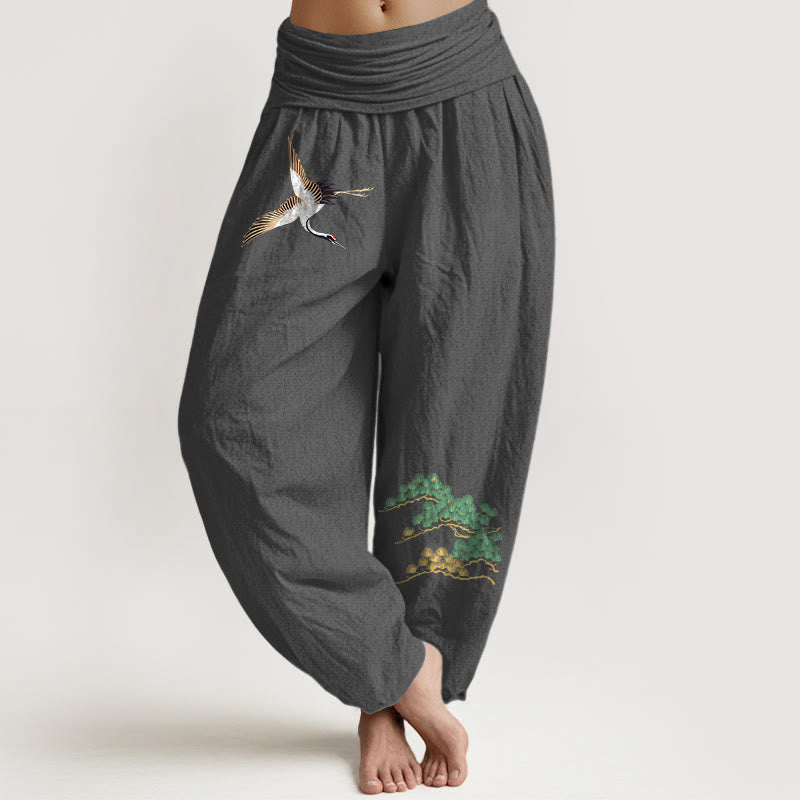 Pantalon harem taille élastique en pur coton pour femme Buddha Stones, motif grue et pin - Gris sombre - US16，UK/AU20，EU48 (3XL) - image 8