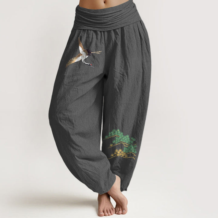 Pantalon harem taille élastique en pur coton pour femme Buddha Stones, motif grue et pin - Gris sombre - US16，UK/AU20，EU48 (3XL) - image 8
