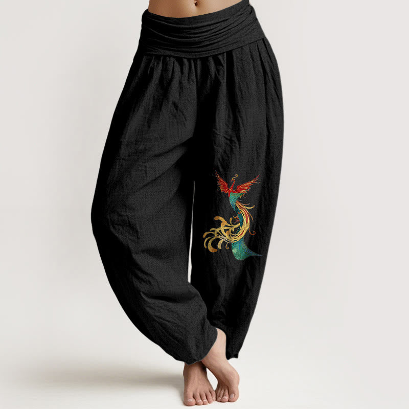Pantalon harem à taille élastique, en pur coton coloré à motif phénix, de la marque Buddha Stones. - Noir - US16，UK/AU20，EU48 (3XL) - image 0