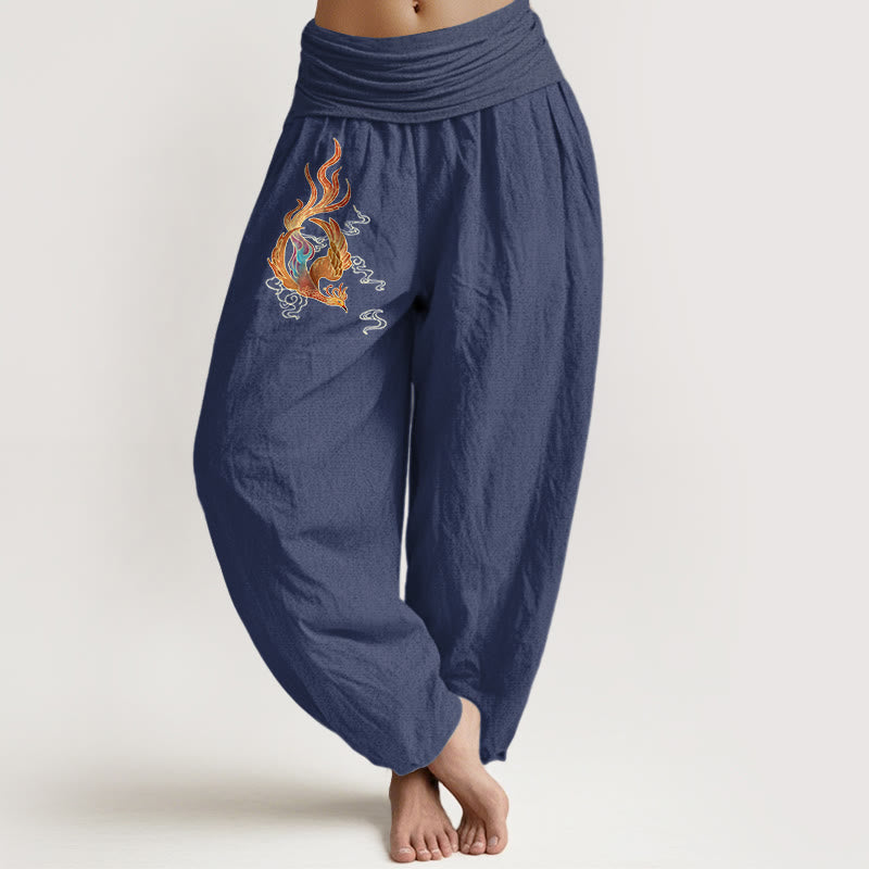 Pantalon harem à taille élastique, en pur coton, motif phénix et nuage porte-bonheur, de la marque Buddha Stones. - Bleu ardoise foncé - US16，UK/AU20，EU48 (3XL) - image 0