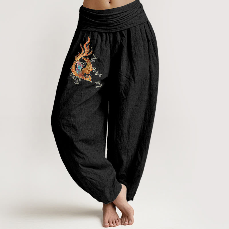 Pantalon harem à taille élastique, en pur coton, motif phénix et nuage porte-bonheur, de la marque Buddha Stones. - Noir - US16，UK/AU20，EU48 (3XL) - image 5