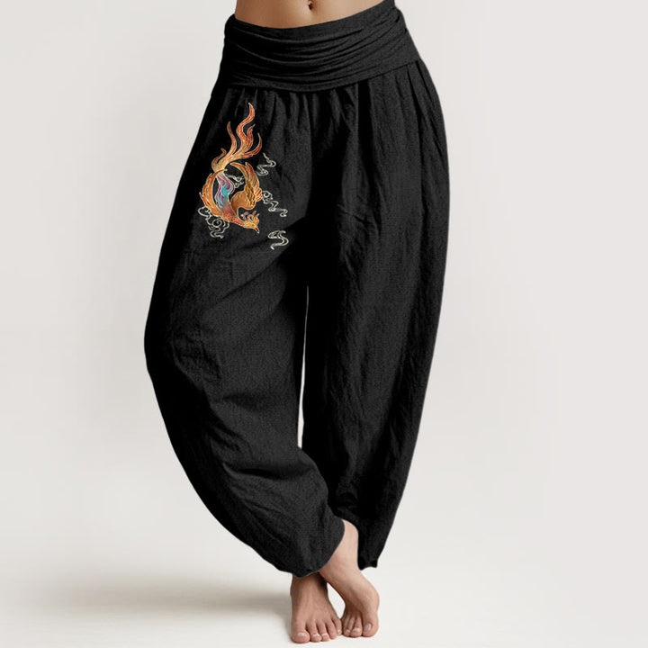 Pantalon harem à taille élastique, en pur coton, motif phénix et nuage porte-bonheur, de la marque Buddha Stones. - Noir - US16，UK/AU20，EU48 (3XL) - image 5