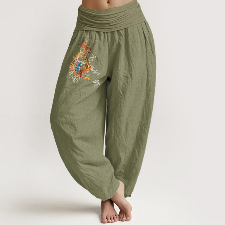 Pantalon harem à taille élastique, en pur coton, motif phénix et nuage porte-bonheur, de la marque Buddha Stones. - Vert olive - US16，UK/AU20，EU48 (3XL) - image 14