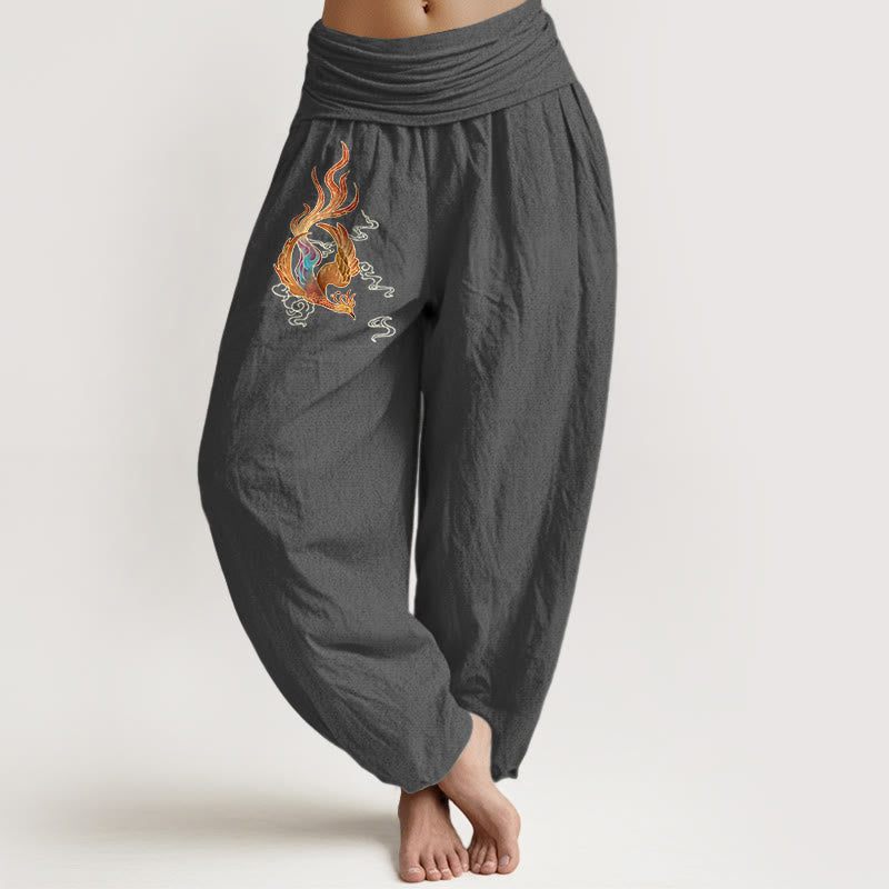 Pantalon harem à taille élastique, en pur coton, motif phénix et nuage porte-bonheur, de la marque Buddha Stones. - Gris sombre - US16，UK/AU20，EU48 (3XL) - image 8