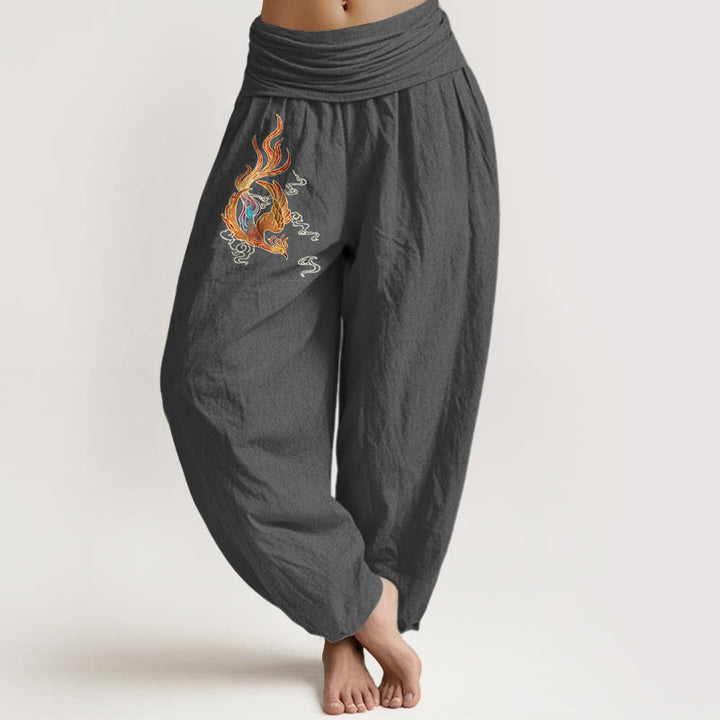 Pantalon harem à taille élastique, en pur coton, motif phénix et nuage porte-bonheur, de la marque Buddha Stones. - Gris sombre - US16，UK/AU20，EU48 (3XL) - image 8