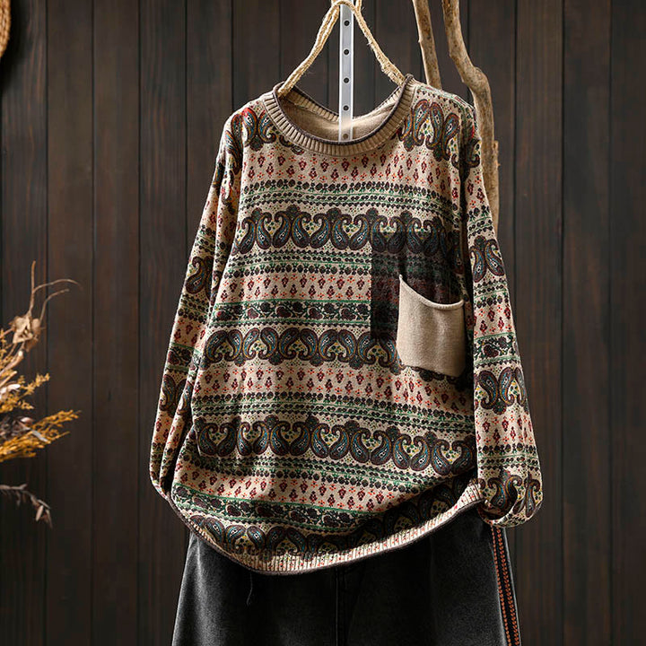 Pull en coton à manches longues et col rond pour femme, avec poche, motif floral automnal et Buddha Stones - Blanc antique - US4-6，UK/AU8-10，EU36-38 (F) - image 0