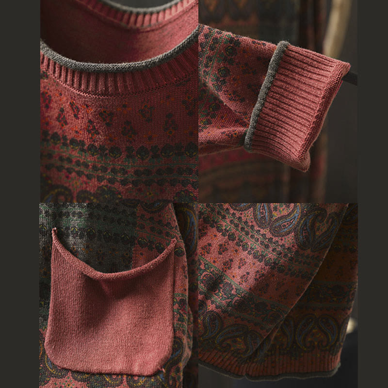 Pull en coton à manches longues et col rond pour femme, avec poche, motif floral automnal et Buddha Stones - image 12