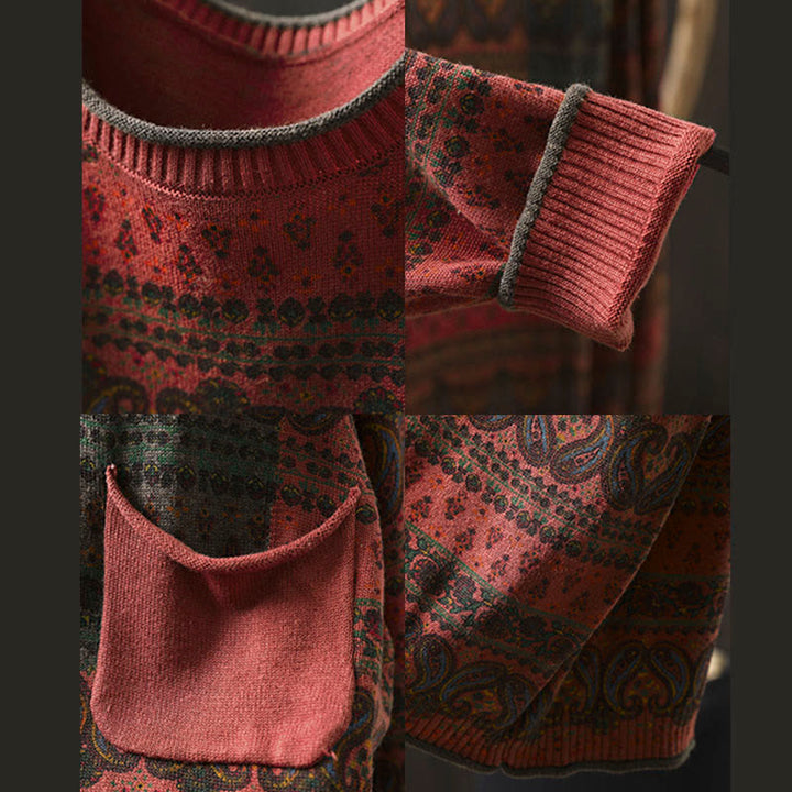 Pull en coton à manches longues et col rond pour femme, avec poche, motif floral automnal et Buddha Stones - image 12