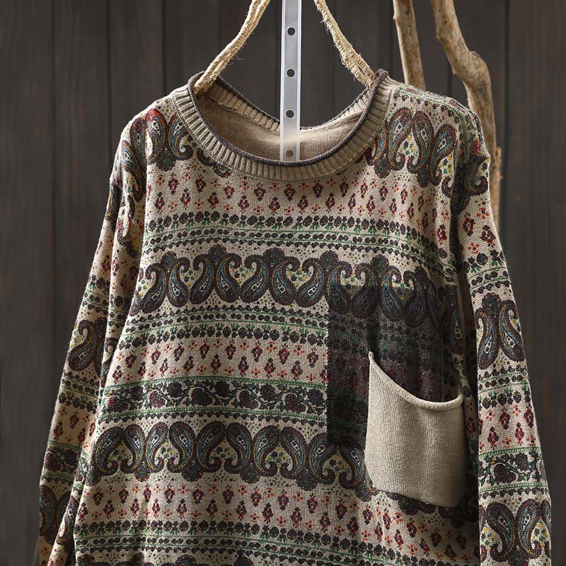 Pull en coton à manches longues et col rond pour femme, avec poche, motif floral automnal et Buddha Stones - image 1