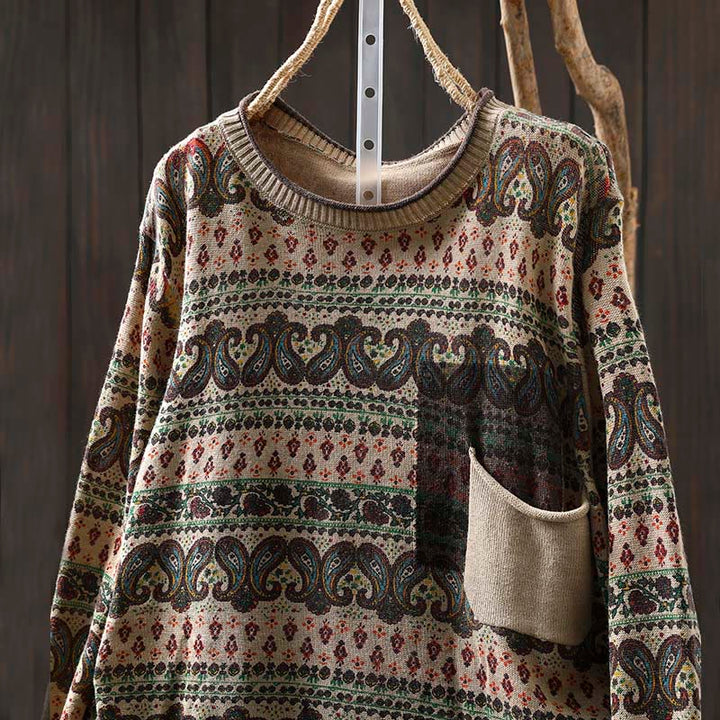 Pull en coton à manches longues et col rond pour femme, avec poche, motif floral automnal et Buddha Stones - image 1