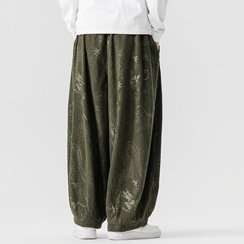 Pantalon harem pour homme en velours côtelé de coton à motif dragon et phénix d'hiver avec poches, orné de Buddha Stones - image 3