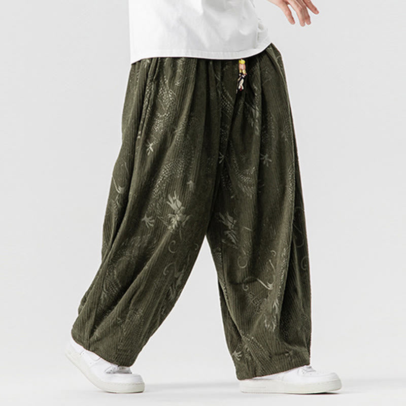 Pantalon harem pour homme en velours côtelé de coton à motif dragon et phénix d'hiver avec poches, orné de Buddha Stones - image 5