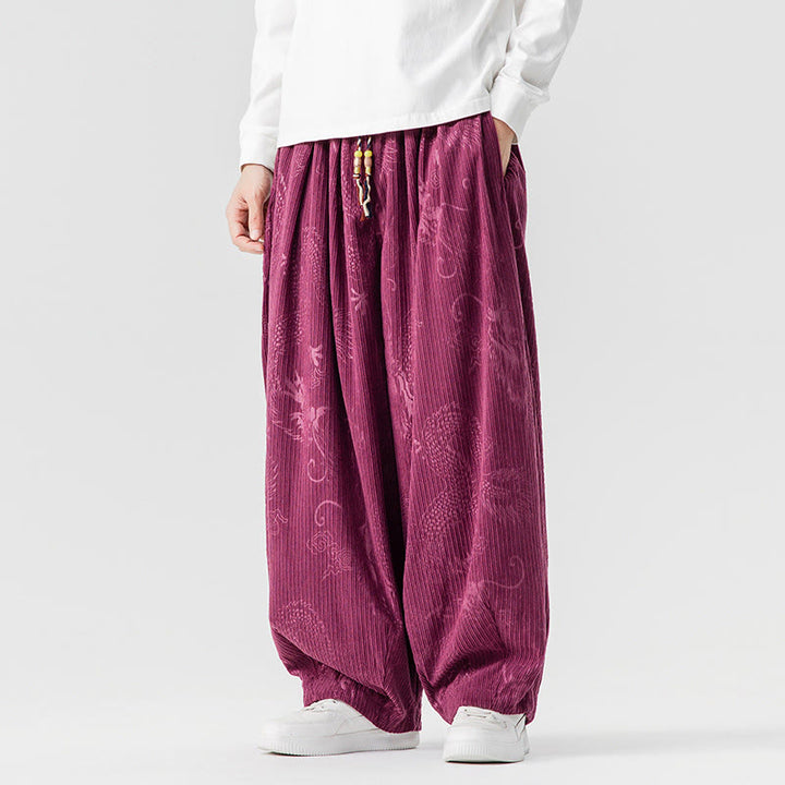 Pantalon harem pour homme en velours côtelé de coton à motif dragon et phénix d'hiver avec poches, orné de Buddha Stones - image 11