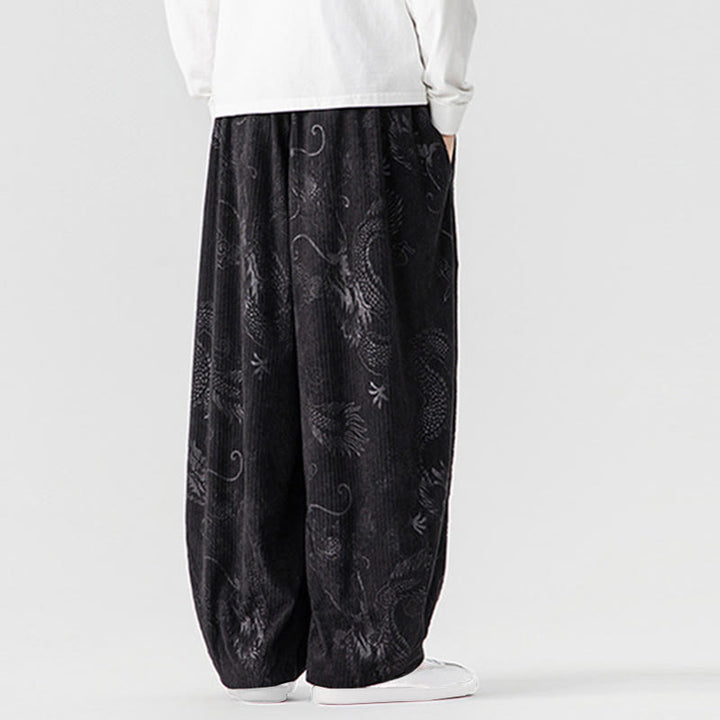 Pantalon harem pour homme en velours côtelé de coton à motif dragon et phénix d'hiver avec poches, orné de Buddha Stones - image 33