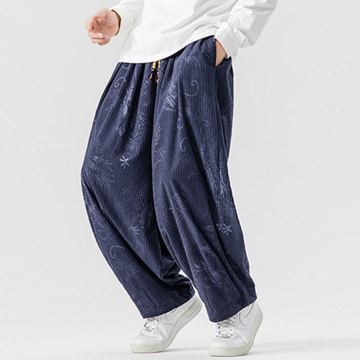 Pantalon harem pour homme en velours côtelé de coton à motif dragon et phénix d'hiver avec poches, orné de Buddha Stones - image 22