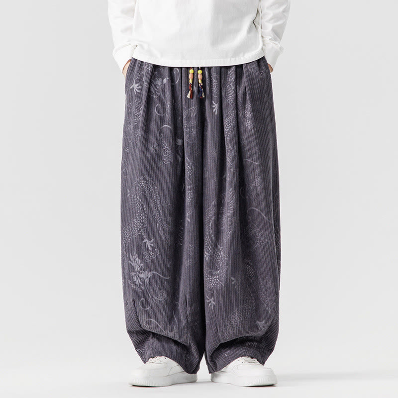 Pantalon harem pour homme en velours côtelé de coton à motif dragon et phénix d'hiver avec poches, orné de Buddha Stones - Gris ardoise clair - US/UK/AU46，EU56 (5XL) - image 24