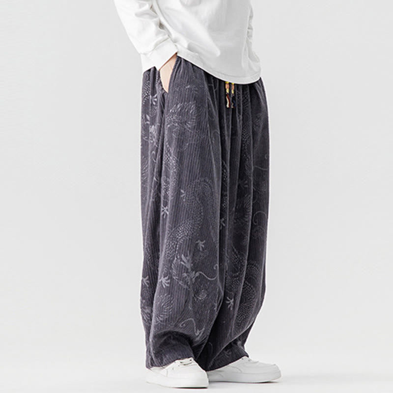 Pantalon harem pour homme en velours côtelé de coton à motif dragon et phénix d'hiver avec poches, orné de Buddha Stones - image 26