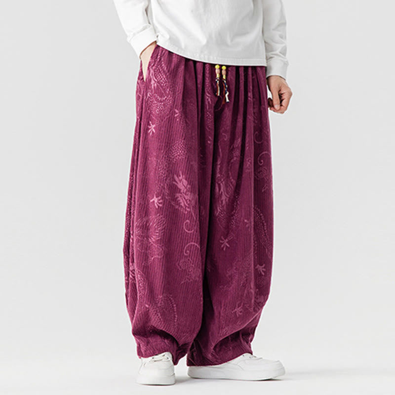 Pantalon harem pour homme en velours côtelé de coton à motif dragon et phénix d'hiver avec poches, orné de Buddha Stones - image 12