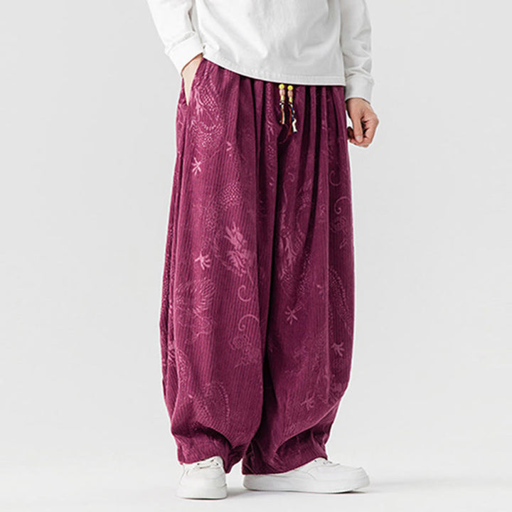 Pantalon harem pour homme en velours côtelé de coton à motif dragon et phénix d'hiver avec poches, orné de Buddha Stones - image 12