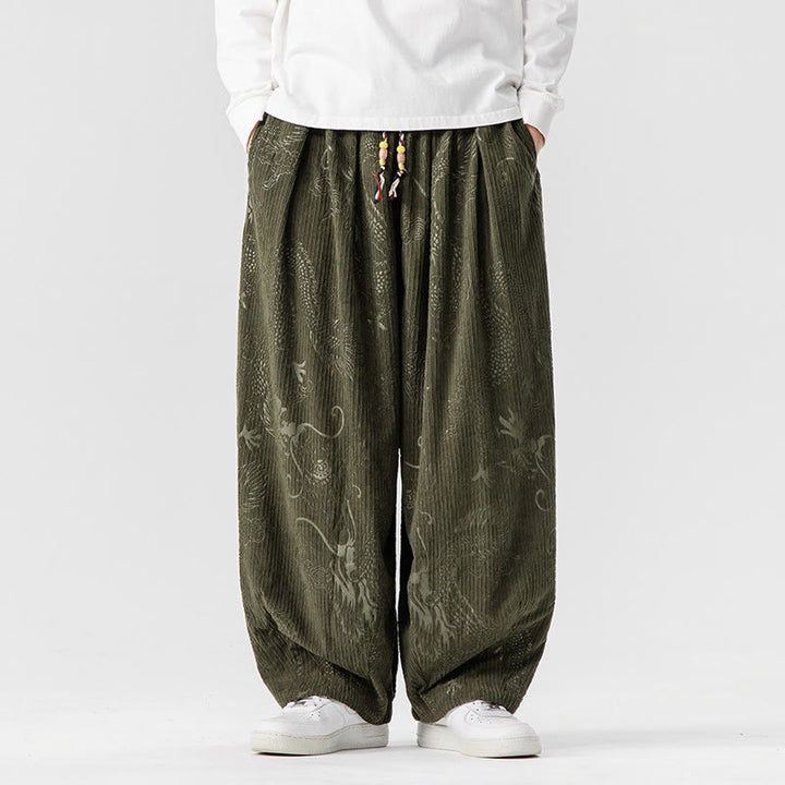 Pantalon harem pour homme en velours côtelé de coton à motif dragon et phénix d'hiver avec poches, orné de Buddha Stones - Vert olive foncé - US/UK/AU46，EU56 (5XL) - image 1