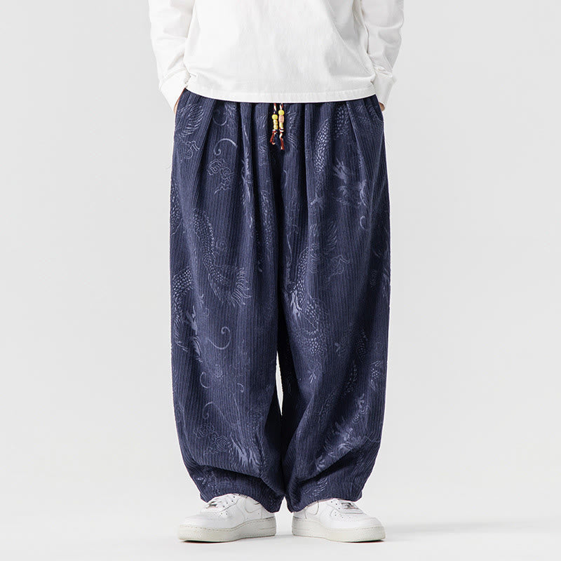 Pantalon harem pour homme en velours côtelé de coton à motif dragon et phénix d'hiver avec poches, orné de Buddha Stones - Bleu ardoise foncé - US/UK/AU46，EU56 (5XL) - image 16