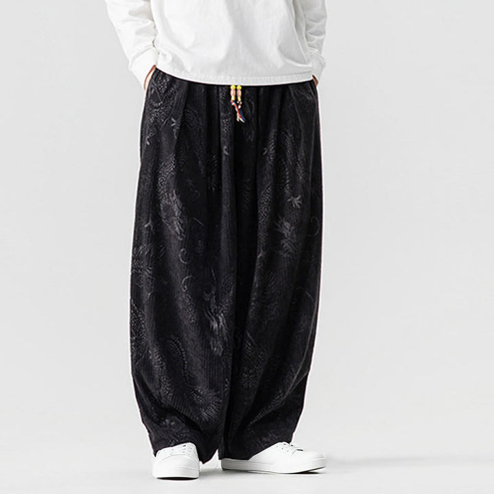 Pantalon harem pour homme en velours côtelé de coton à motif dragon et phénix d'hiver avec poches, orné de Buddha Stones - image 34