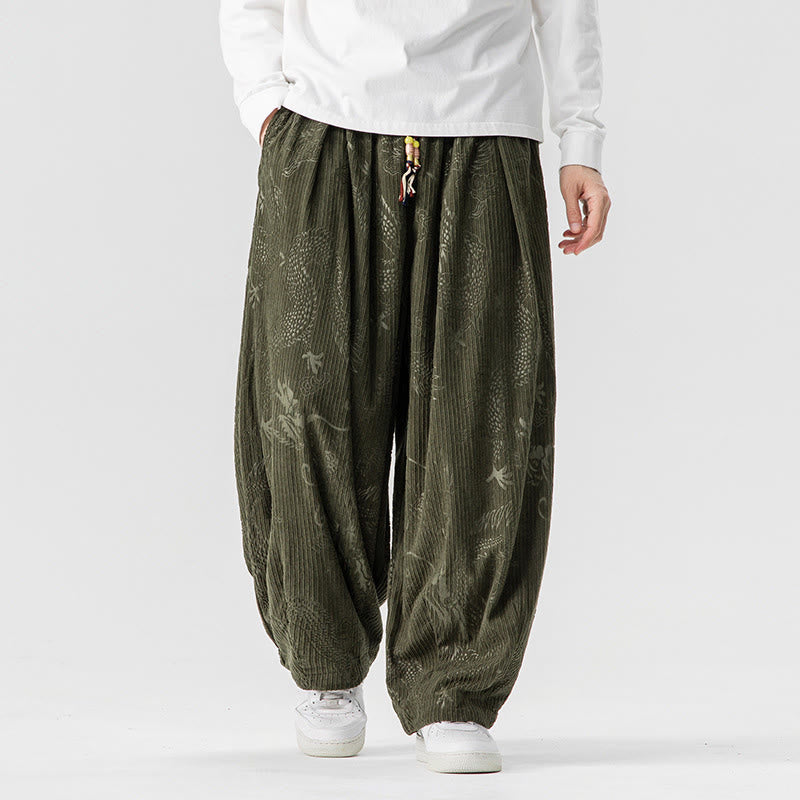 Pantalon harem pour homme en velours côtelé de coton à motif dragon et phénix d'hiver avec poches, orné de Buddha Stones - image 0