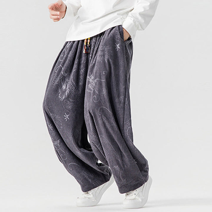 Pantalon harem pour homme en velours côtelé de coton à motif dragon et phénix d'hiver avec poches, orné de Buddha Stones - image 29