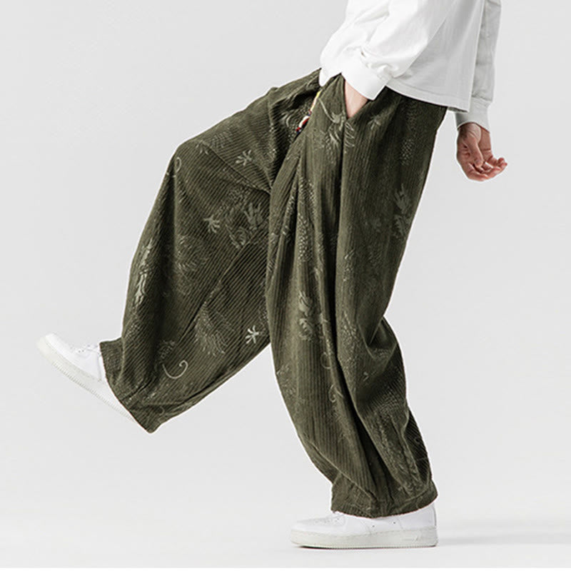 Pantalon harem pour homme en velours côtelé de coton à motif dragon et phénix d'hiver avec poches, orné de Buddha Stones - image 7