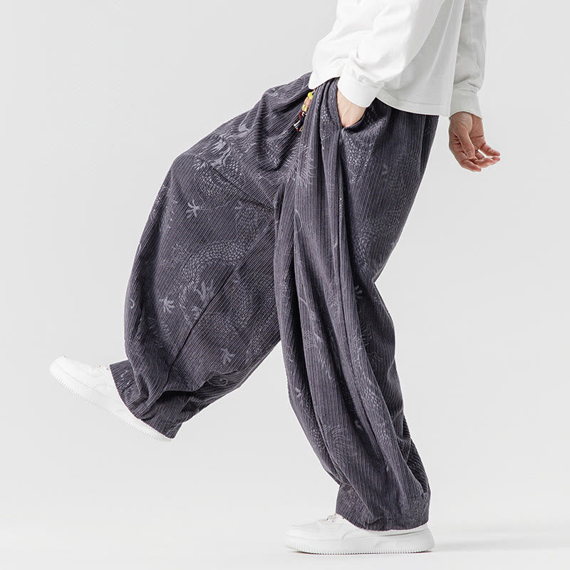 Pantalon harem pour homme en velours côtelé de coton à motif dragon et phénix d'hiver avec poches, orné de Buddha Stones - image 30
