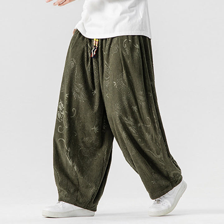 Pantalon harem pour homme en velours côtelé de coton à motif dragon et phénix d'hiver avec poches, orné de Buddha Stones - image 4