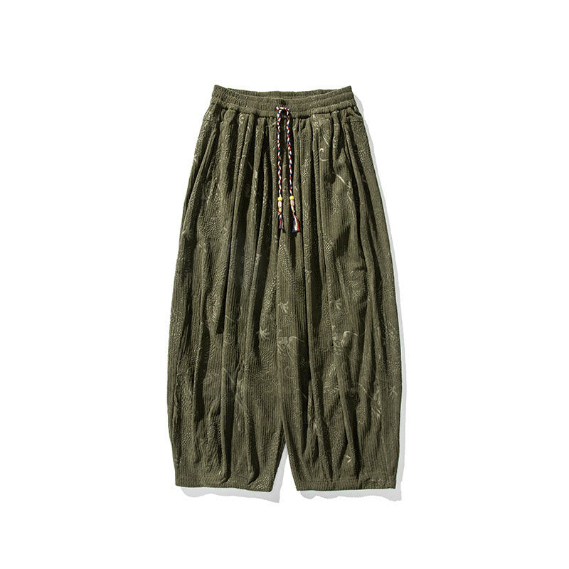 Pantalon harem pour homme en velours côtelé de coton à motif dragon et phénix d'hiver avec poches, orné de Buddha Stones - image 8