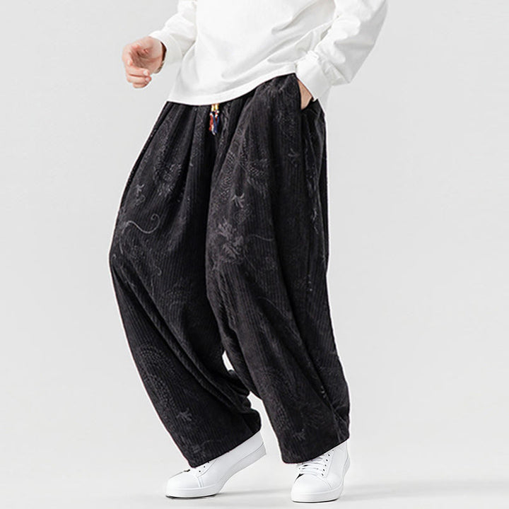 Pantalon harem pour homme en velours côtelé de coton à motif dragon et phénix d'hiver avec poches, orné de Buddha Stones - image 36