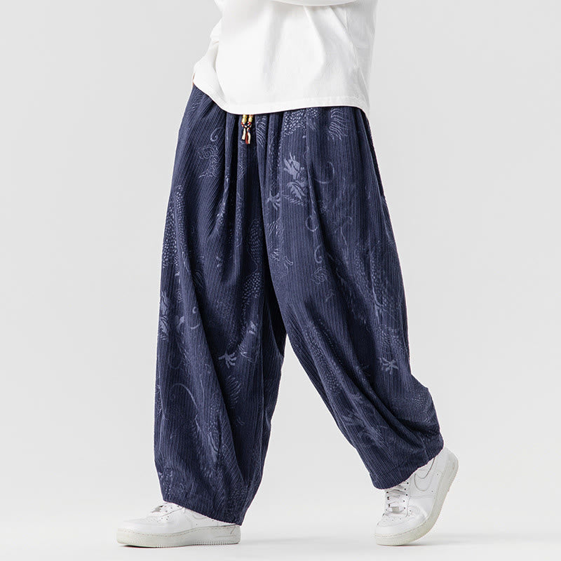 Pantalon harem pour homme en velours côtelé de coton à motif dragon et phénix d'hiver avec poches, orné de Buddha Stones - image 20
