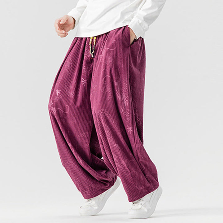 Pantalon harem pour homme en velours côtelé de coton à motif dragon et phénix d'hiver avec poches, orné de Buddha Stones - image 14