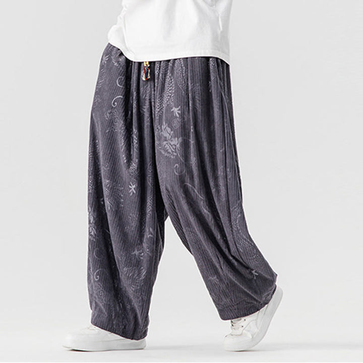 Pantalon harem pour homme en velours côtelé de coton à motif dragon et phénix d'hiver avec poches, orné de Buddha Stones - image 27