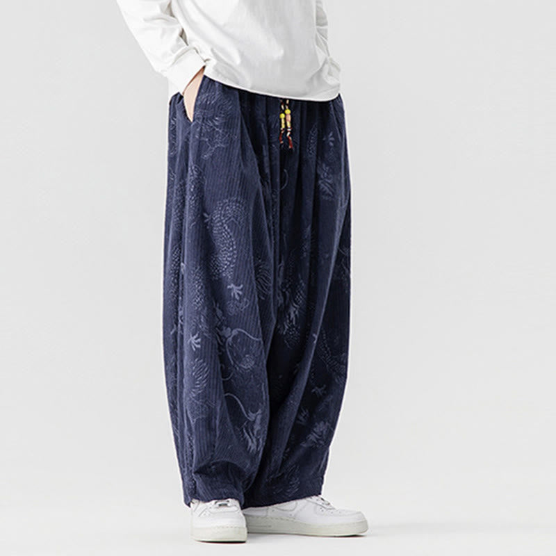Pantalon harem pour homme en velours côtelé de coton à motif dragon et phénix d'hiver avec poches, orné de Buddha Stones - image 19