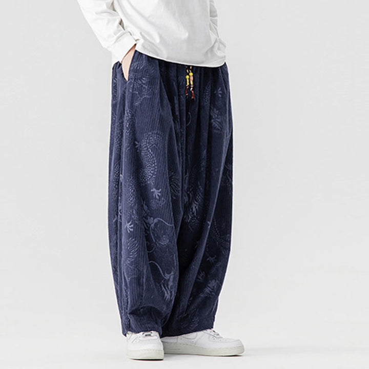 Pantalon harem pour homme en velours côtelé de coton à motif dragon et phénix d'hiver avec poches, orné de Buddha Stones - image 19
