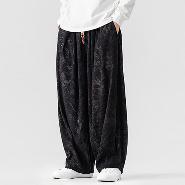 Pantalon harem pour homme en velours côtelé de coton à motif dragon et phénix d'hiver avec poches, orné de Buddha Stones - image 32