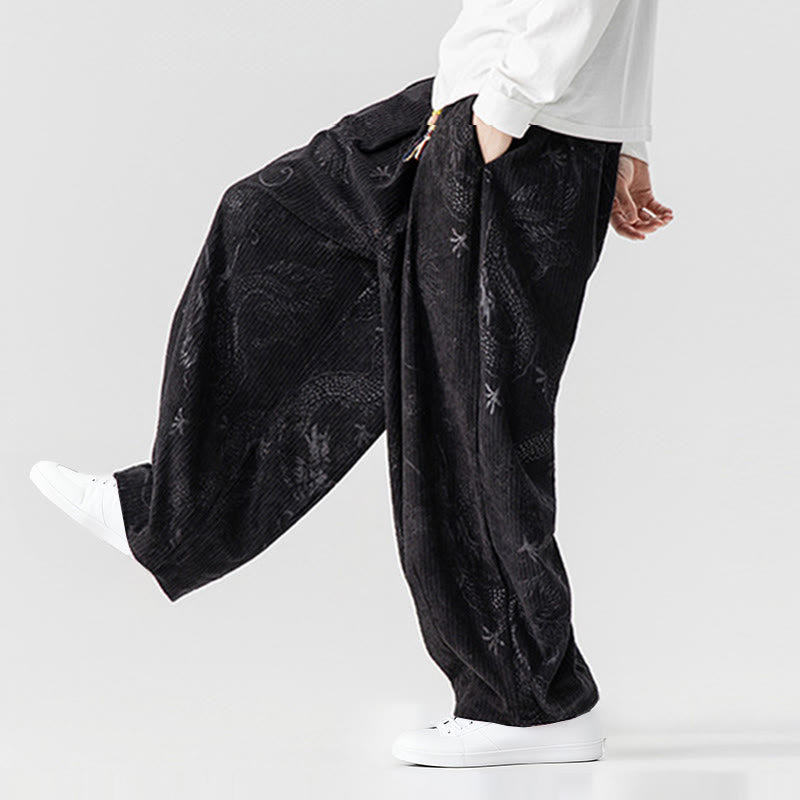 Pantalon harem pour homme en velours côtelé de coton à motif dragon et phénix d'hiver avec poches, orné de Buddha Stones - image 37